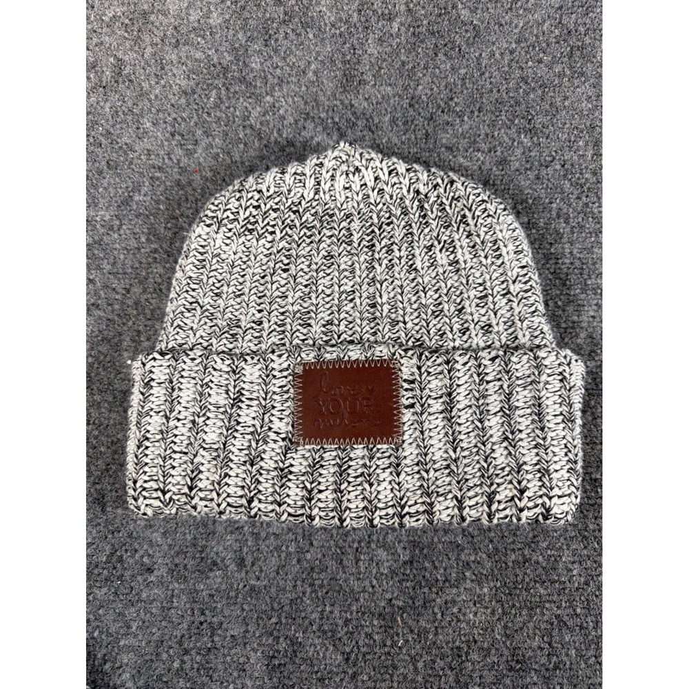 Love Your Melon Beanie Hat Black White Marled Knit Cuffed Leather Patch USA Made
